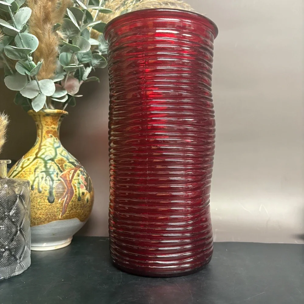 Red Ribbed Glass Vase | 10 Inch Cylinder‎ | Vintage Style Home Decor | Boho